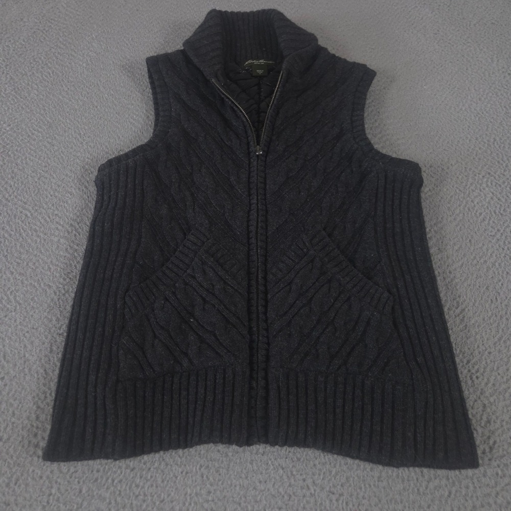 Eddie Bauer Vest Womens Medium Fisherman Knit Quilted Puffer Wool Blend Full Zip
